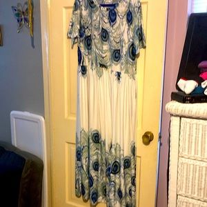 Women's size 1X maxipull -over dress in peacock feather print